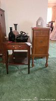 Both wooden side tables shown with decorative items on top, highlighting front and side views.