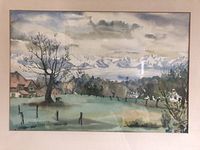 Full frontal view of framed watercolour painting showing Haro Strait landscape with tree, house, horse, and mountains.