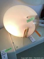 Front view of oval blown glass lamp sitting on metal supports