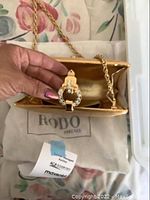 Photo showing inside of gold metal Rodo evening bag with rhinestone clasp and gold chain strap against beige Rodo branded dust cover.