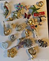 Photo showing a variety of assorted costume brooches and pins on a white background including birds, butterflies, florals, a starfish, and animal designs.