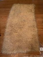 Top-down view of full cream shag runner on hardwood floor