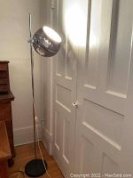 Full-height view of chrome pole floor lamp with black circular base and illuminated spherical shade against a white door.