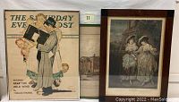 Framed vintage prints including a Norman Rockwell Saturday Evening Post cover and an architectural engraving with frame.