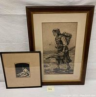 Overview of both framed drawings: large Moran study and smaller church scene.