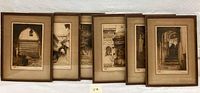 Six framed Moroccan etching prints arranged side by side
