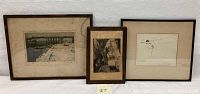 Three framed artworks placed side-by-side: a winter bridge scene etching, a women portrait etching, and a nude female figure pencil drawing.