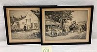 Two framed black and white etching prints laid side by side, showing historical inns and hotels scenes.