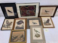 Overview of eight framed bird prints arranged together showing various bird species in naturalistic style.