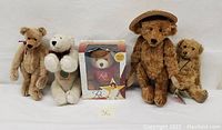 Full lot with five collectible teddy bears, including boxed Reba Bear, white Boyd's Bears polar bear, Nearly There Inc. bears with tags and accessories.
