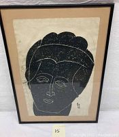 Full front view of framed abstract head portrait.