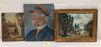 Three oil paintings in frames: sea captain portrait, small street/home scene, and a landscape with house and trees signed 'Ryuami 49'