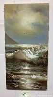 Full view of the painting showing ocean waves, rocky beach, birds in sky under cloudy atmosphere