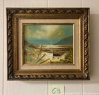 Frontal view of the framed oil painting hanging on wall; visible signature lower left; includes frame and linen liner.