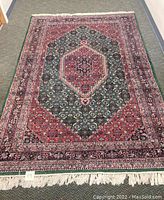 Full view of rug laid flat showing medallion design and fringed ends