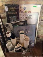 Five posters on foam core, one framed poster, box of rolled posters