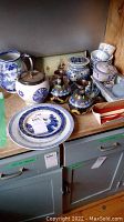 Overview of biscuits barrel, cloisonné vases, ceramics, bowls and tray