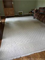 Full view of the 8'x12' beige area rug on hardwood floor showing overall size and condition