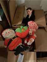 Photo of ventriloquist dummy doll in black suit and bow tie, Strawberry Shortcake plush pillow doll, large strawberry plush pillow, and a Santa pillow doll in a cardboard box.