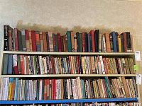 Three-tier shelf filled with assorted fiction books in mixed bindings
