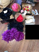 Various hats, feather boas, and hat boxes on floor including black hat, pink hat in box, red floral hairpiece, black and purple feather boas