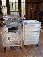 Three storage units including metal and plastic shelving, clear plastic drawers, and plastic storage boxes