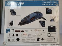 Box front and back of 170W Detlev Pro rotary tool kit showing tool image, specifications, and accessory list.
