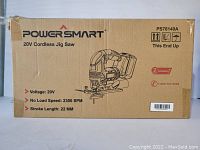 Photo of the box of Powersmart 20V Cordless Jig Saw showing product details and specifications.