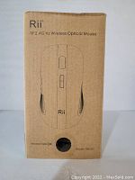 Photo of the Rii wireless optical mouse box showing model RM200, RF2.4 GHz wireless optical mouse specification, front view.