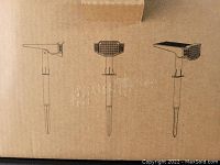 Photo of packaging showing three diagrammed designs of garden solar LED lights with spike stakes and different head shapes.