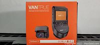 Front view of the Vantrue OnDash S1 dashcam retail box showing the front and interior cameras and brand logo.
