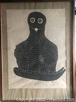 Full-view of framed black and white stylized bird print showing frame and mat.