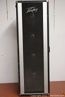 Front view of Peavey 410 column speaker showing black grille with Peavey logo and speaker elements behind grille.