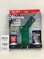Finish Line Pro Chain Cleaner kit packed with chain cleaning device and bottles of degreaser and lube in original packaging.