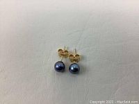 Front view of gold stud earrings with round black pearls on gold posts.