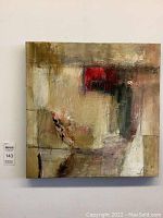 Full view of the 24x24 abstract painting with prominent red block and textured neutral background.