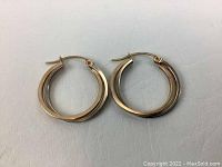Full view of both gold hoop earrings side by side showing their rounded rectangular hoop shape and latch back closure.