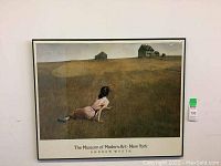 Full view of framed print showing the artwork of a girl lying on grass looking at distant farm buildings under a cloudy sky. Print is titled 'The Museum of Modern Art New York, Andrew Wyeth'