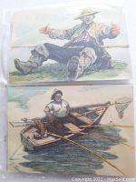 Photo showing two vintage Russian postcards featuring fishermen in illustrative style, seated and on boat