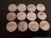 Top-down image showing all 12 Canadian 1967 Centennial silver quarters laid out on a dark surface, displaying both obverse and reverse sides with visible wear and some toning.