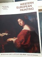 Close-up photo of cover of one art plate showing Western European Painting text and a portrait of a woman in red dress at piano