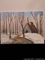 Frontal image of the painting shows a winter landscape with a cabin, snow, maple trees with syrup pails, and a clear blue sky.