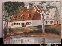 Front view of vintage folk art painting depicting a lakeside home with calm waters and a small boat moored at the shore.
