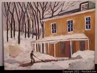 Full frontal view of the folk art winter scene painting showing the man shoveling snow beside a yellow building under leafless trees.