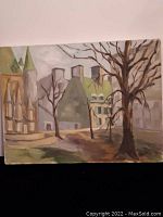 Full view of the oil painting depicting a folky style house and big trees with muted colors.