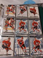 Photo showing nine Upper Deck Be-A-Player hockey cards of players in red and white uniforms, arranged in a 3x3 grid inside a binder sleeve.