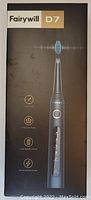 Photo of Fairywill D7 electric toothbrush in original packaging showing product image and key features.
