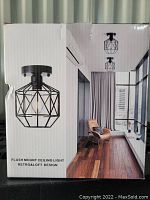 Box front showing the flush mount ceiling light with a black geometric cage and retro loft style, installed in a modern hallway setting.