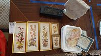 Five framed botanical prints with pressed flowers arranged on a table next to a black case and white box, along with framed certificate and plate.