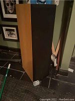 Left-side view showing light oak veneer side panel and black grille front